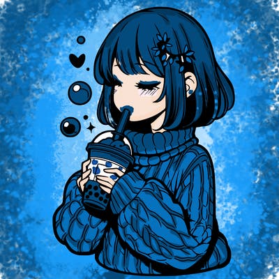 manga girl drinking boba in cozy sweater