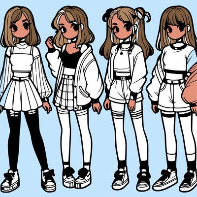 one girl with crop-top shirt and a jacket with a skirt, long socks and another girl with a shirt and pants with a jacket