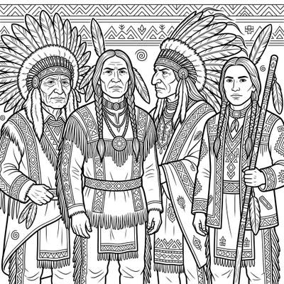Immerse yourself in the rich heritage of indigenous cultures with this striking coloring page featuring Native American Chiefs. Discover their powerful presence, adorned in traditional regalia, ready for your creative touch.