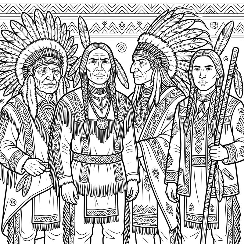 Immerse yourself in the rich heritage of indigenous cultures with this striking coloring page featuring Native American Chiefs. Discover their powerful presence, adorned in traditional regalia, ready for your creative touch.