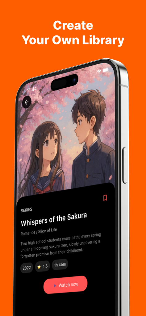 AniStreamX - AniStreamX 앱 화면이 'Sakura의 속삭임'이라는 제목의 애니메이션 시리즈에 대한 세부 정보를 보여줍니다.