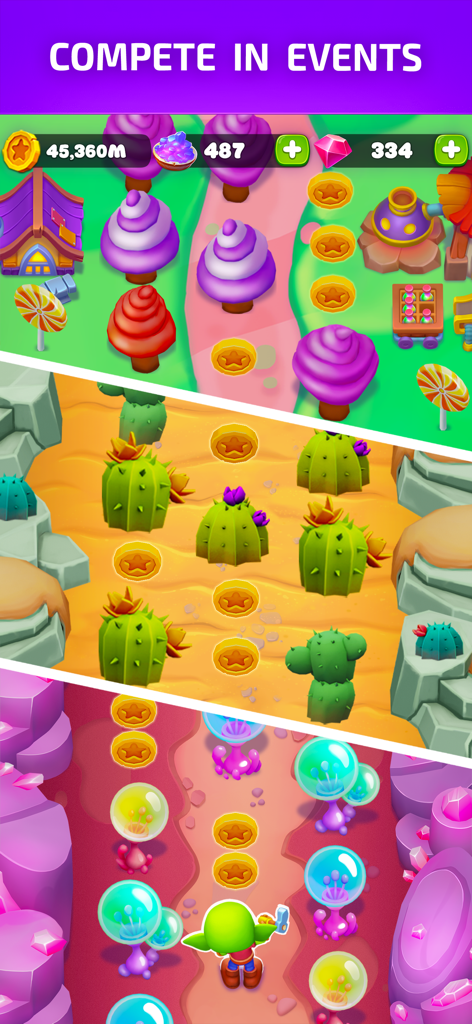 Goblins Wood: Gold Miner Game - Screenshot of Goblins Wood game showing different biomes including a candy forest a desert and a crystal cave with gold coins