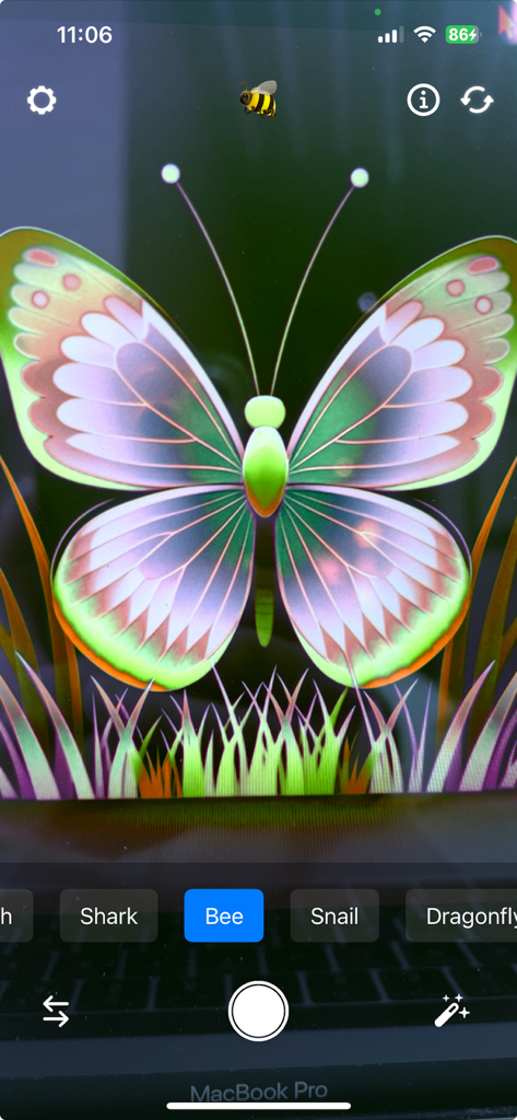 EyeShift app interface showing a butterfly through a bee vision simulation filter