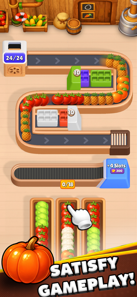 Farm Loop: Harvest Puzzle - コンベアベルト上の果物と野菜を使った満足感のある収穫パズルのゲームプレイ。
