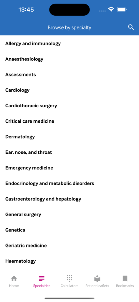 Screenshot of the BMJ Best Practice app showing a list of medical specialties like Cardiology and Emergency Medicine