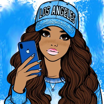 realistic beautiful girl wearing los ángeles cap holding an iphone