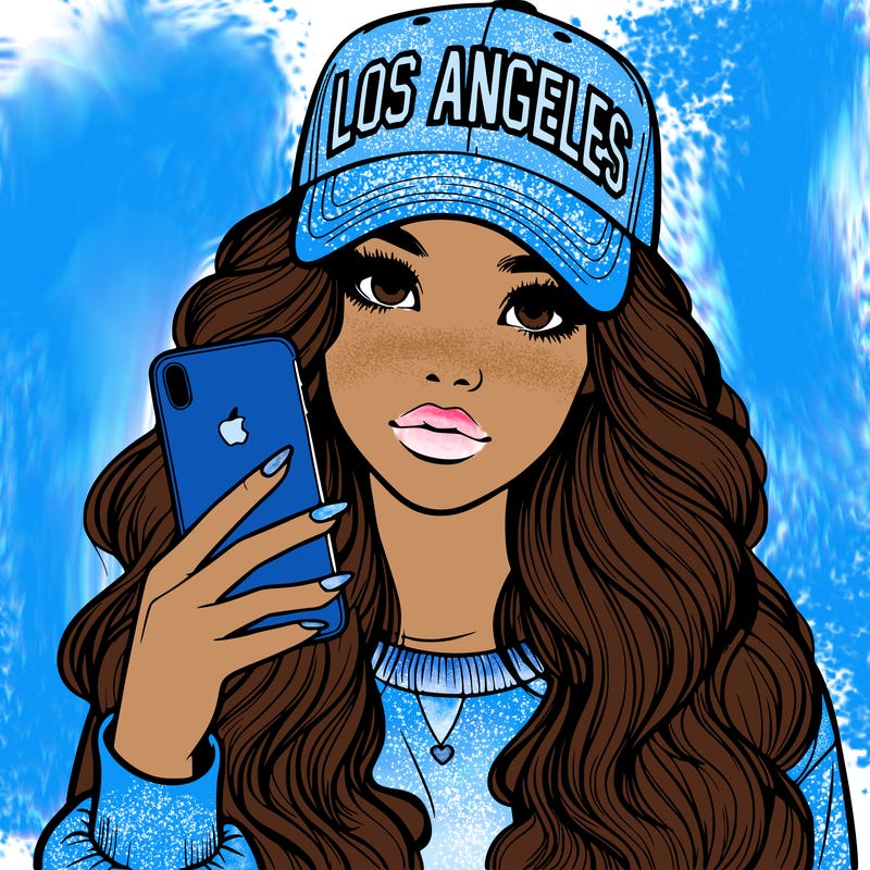 realistic beautiful girl wearing los ángeles cap holding an iphone