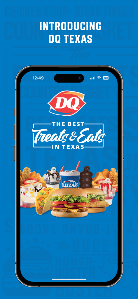 Texas Dairy Queen mobile app splash screen showcasing menu items including burgers tacos and frozen treats