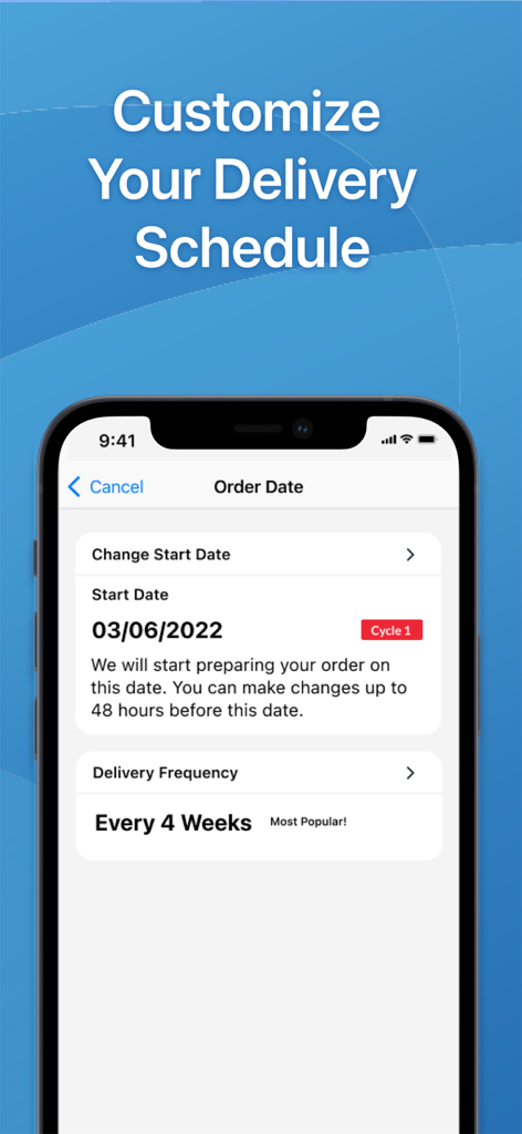 USANA - Tela do aplicativo USANA para gerenciar datas de entrega de produtos e frequência de assinatura