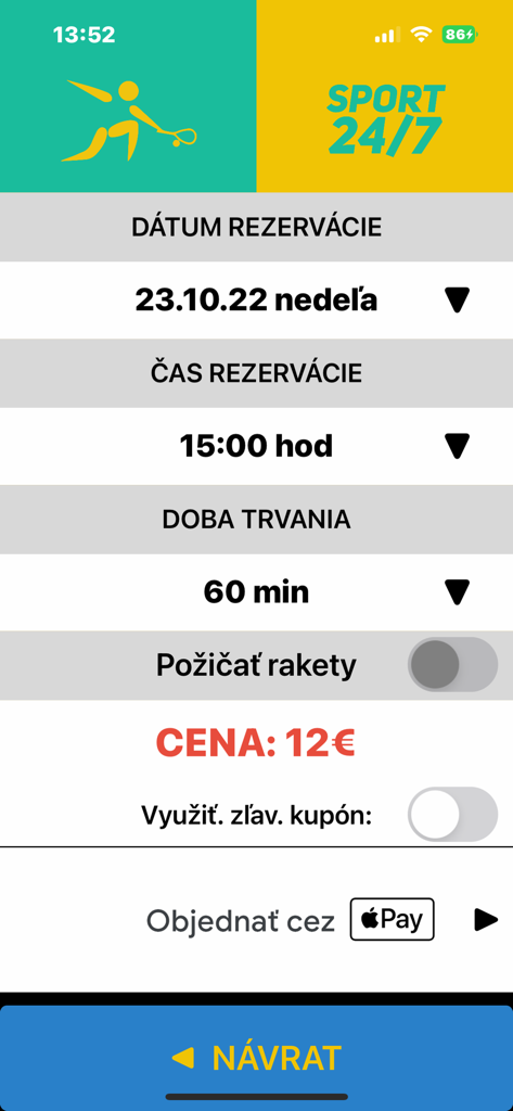 247sport - Sports facility reservation summary on the 247sport app featuring Apple Pay checkout