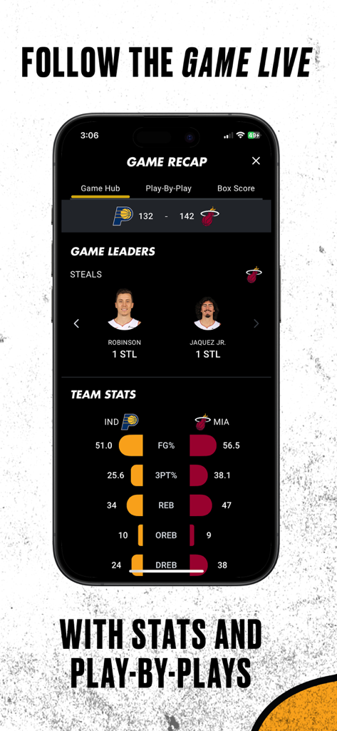 Miami HEAT Mobile app interface displaying live game recap with team stats and player leaders