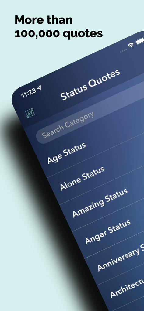 Mobile app interface of Status Quotes showing categories like Age Status and Alone Status with a search bar.