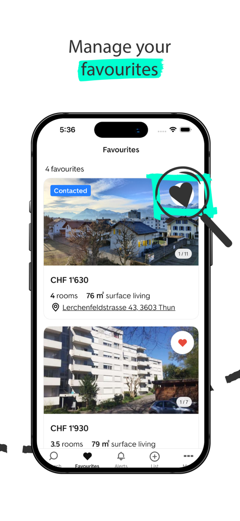 ImmoScout24 Switzerland app interface showing a list of saved favorite property listings