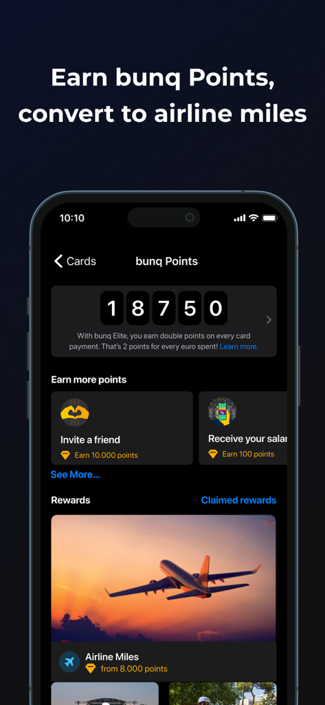 bunq - bunq app screen displaying earned points and rewards for airline miles.