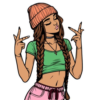realistic teenage girl with braids and a beanie and crop top doing 🫶🏼