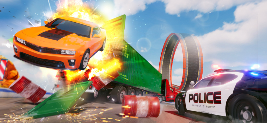 Car Crash Simulator Mega Jump - Orange car crashing into a shipping container with a massive explosion and a police car on a stunt track