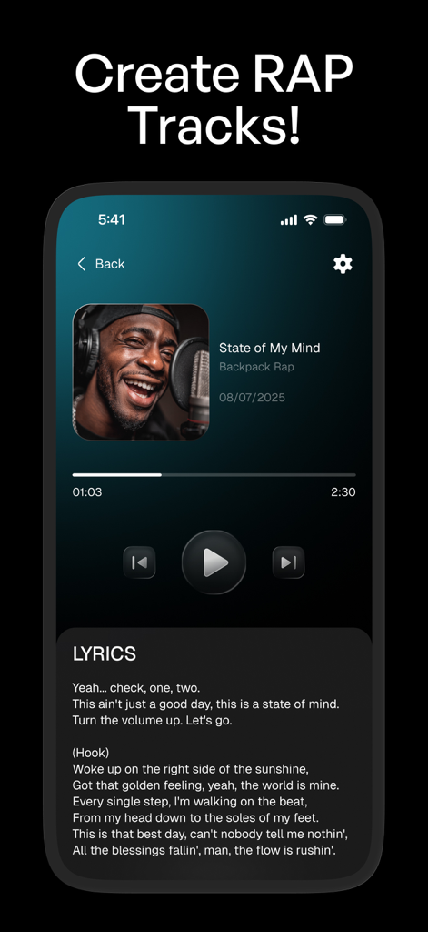 Producer AI Song & Music Maker - A screenshot of Producer AI app showing a rap song interface with lyrics and playback controls
