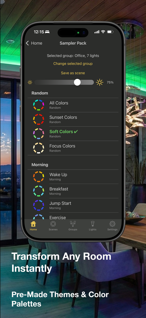 Hue Lights app interface showing various pre-made lighting themes and color palettes.
