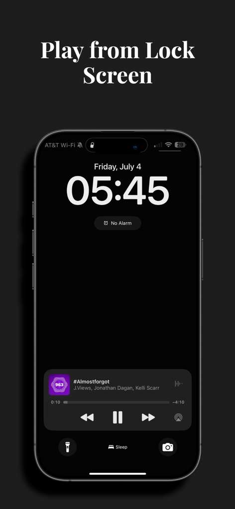 iPhoneのロック画面に、再生および一時停止コントロールを備えた963 Player Plusミュージックプレーヤーウィジェットが表示されている。
