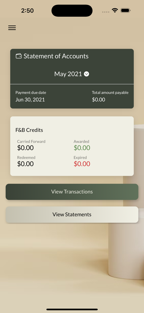 Chinese Swimming Club - Chinese Swimming Club 앱의 계정 명세서 화면, 결제 상태 및 식음료 크레딧 표시