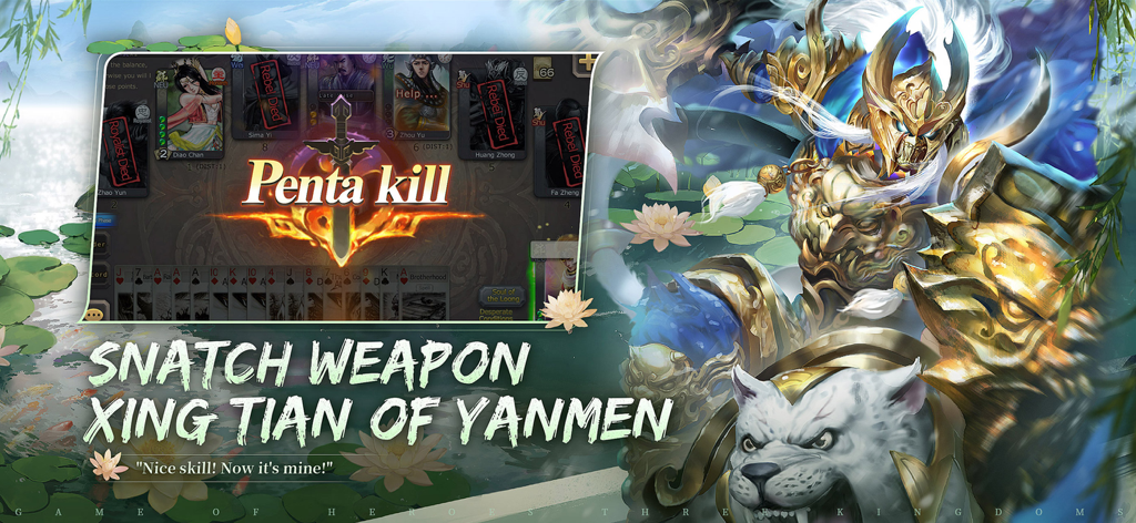 Game of Heroes Three Kingdoms screenshot showing a Penta kill achievement during a strategy card battle