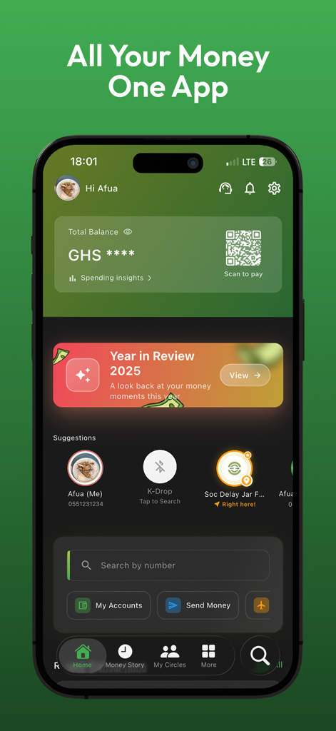 KOWRI - KOWRI mobile app dashboard displaying account balance in GHS, spending insights, and money transfer options