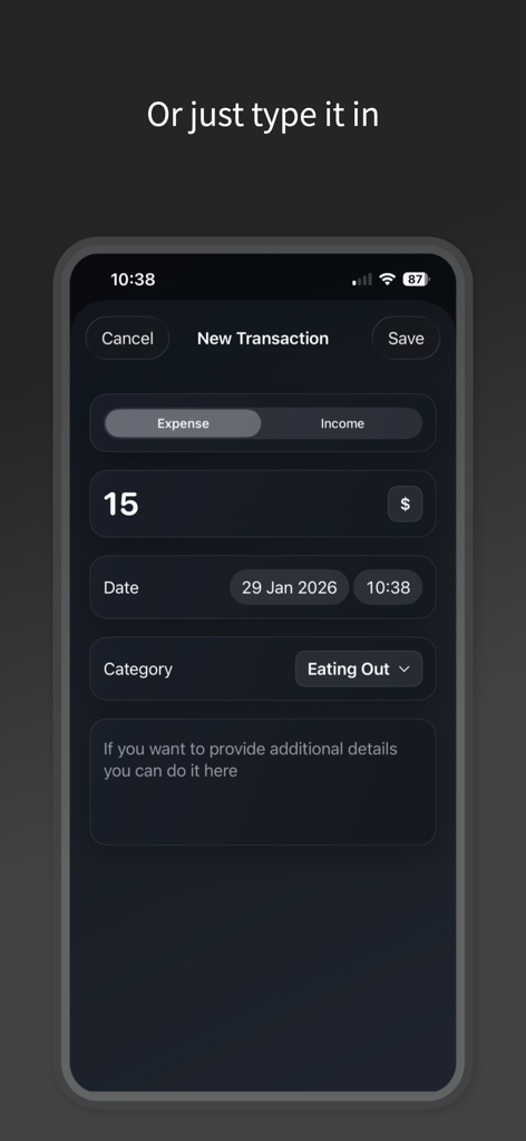 Tres Numeros - Uno schermo che mostra il modulo di inserimento manuale delle transazioni nell'app Tres Numeros con campi per importo, data e categoria.