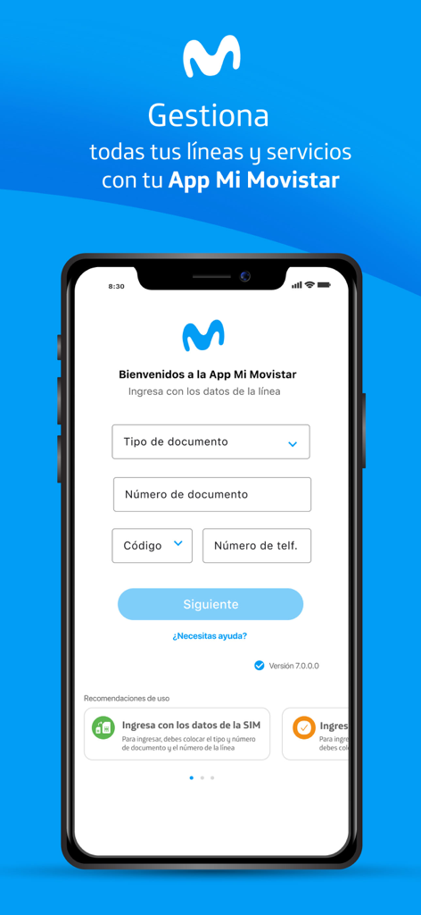 Login-Bildschirm der Mi Movistar Venezuela App mit Feldern zur Verwaltung von Mobilfunkleitungen und -diensten