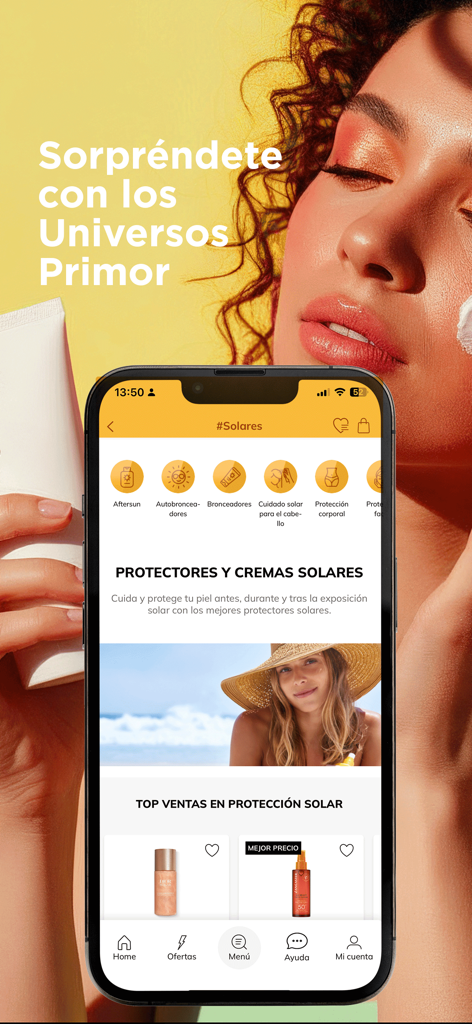 Interface da aplicação móvel Perfumerias Primor mostrando produtos e categorias de proteção solar