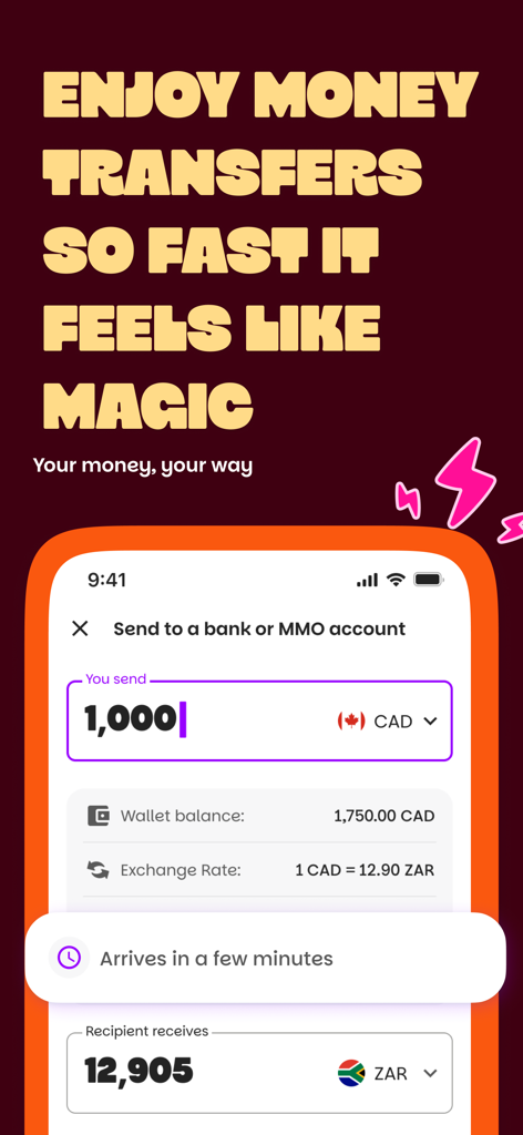 Misan by Bamboo: Pay & Send - Misan by Bamboo app interface showing an international money transfer from CAD to ZAR with an instant arrival message