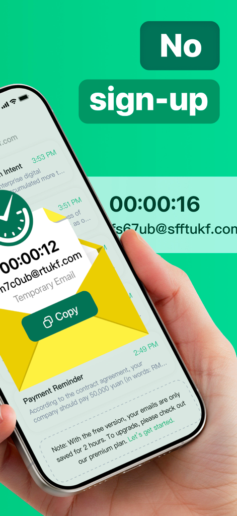 Temp Mail Pro ™ - Smartphone displaying Temp Mail Pro app featuring no sign up and disposable email generation.