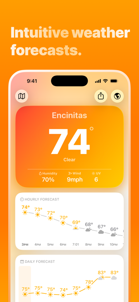 Mercury Weather - Mercury Weather app interface displaying current temperature in Encinitas and detailed hourly forecast charts