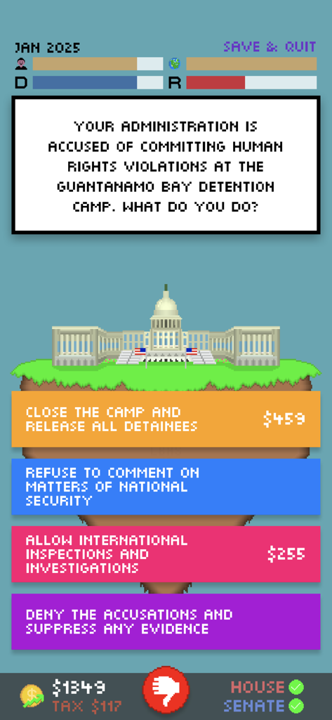 Impeached 2 - Gameplay screenshot of the mobile game Impeached 2 showing a political decision scenario about human rights accusations with multiple choice options and pixel art graphics.
