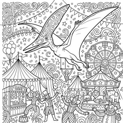 Get ready for a prehistoric party as a magnificent Nyctosaurus takes center stage at a lively carnival. This intricate coloring page combines ancient creatures with festive fairground fun, offering a unique and engaging artistic adventure.