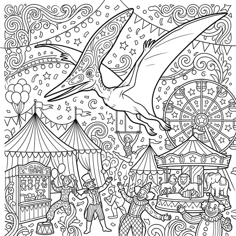 Get ready for a prehistoric party as a magnificent Nyctosaurus takes center stage at a lively carnival. This intricate coloring page combines ancient creatures with festive fairground fun, offering a unique and engaging artistic adventure.