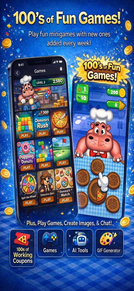 Screenshot von Hunderten von kostenlosen Mini-Spielen in der Coupons für Dominos Pizza App