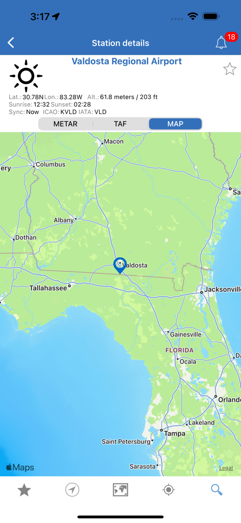 NOAA Aviation PRO Live Weather - Technical weather station details and map view for Valdosta Regional Airport in the NOAA Aviation PRO app.