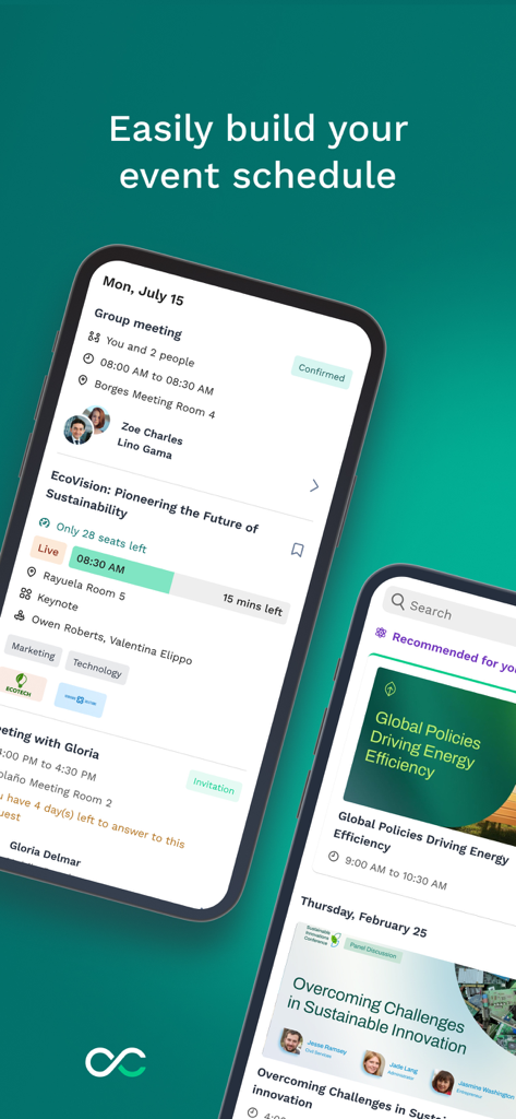 Une interface d'application mobile montrant un emploi du temps personnalisé pour un événement et des sessions d'affaires recommandées sur Swapcard.