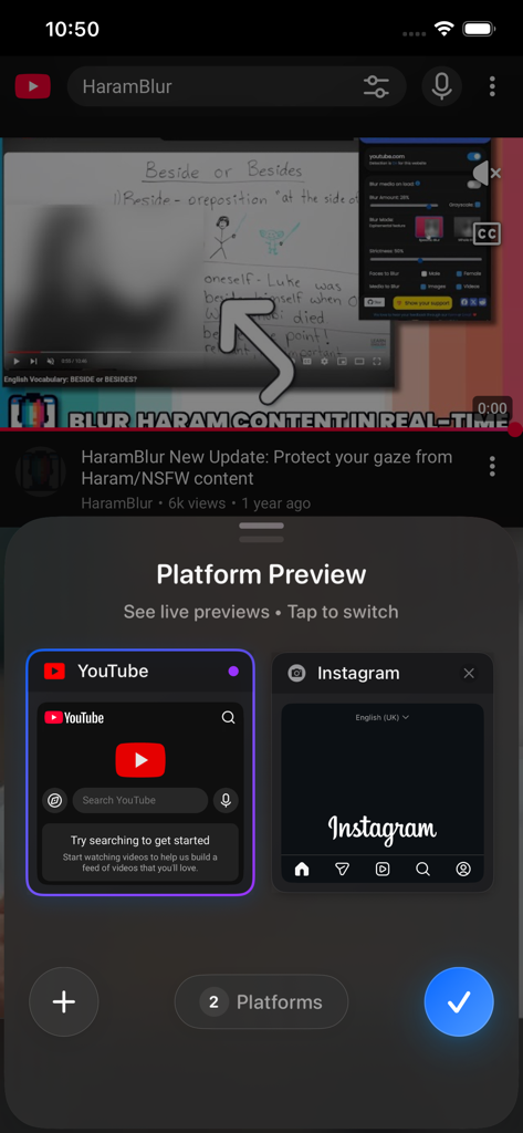 Interfaz de la aplicación HaramBlur mostrando la pantalla de vista previa de plataformas para YouTube e Instagram con el difuminado de contenido activado.