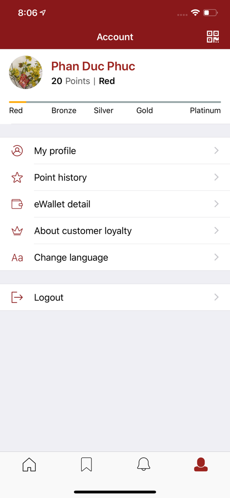 Saigon Taste - Saigon Taste app account screen showing user points and membership level.