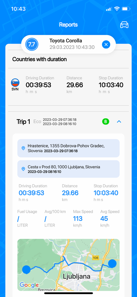Detaillierter Fahrzeugbericht und Analysen, der eine Route auf einer Karte und Fahrstatistiken in der EEVY GPS-Tracking-App zeigt.