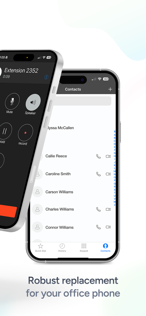 Acrobits Softphone app interface showing active call controls and contacts list on iPhone