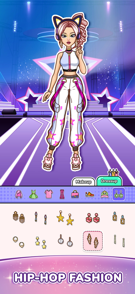 DIY Paper Doll Dress Up - A digital paper doll dressed in hip hop fashion on a stage with a selection menu for accessories