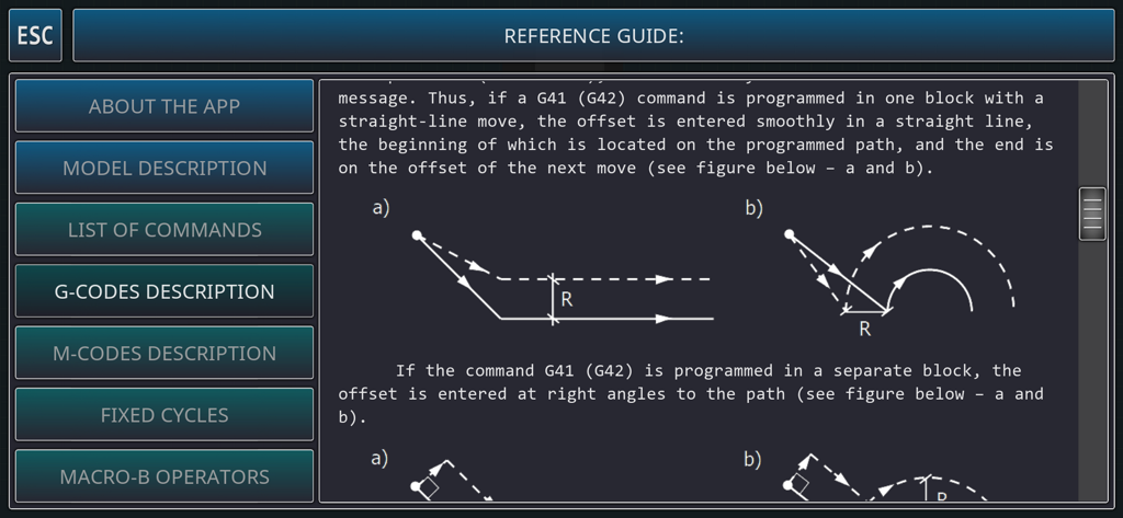 CNC VMC Simulator - CNC VMC Simulator app reference guide showing G-code descriptions and tool path diagrams