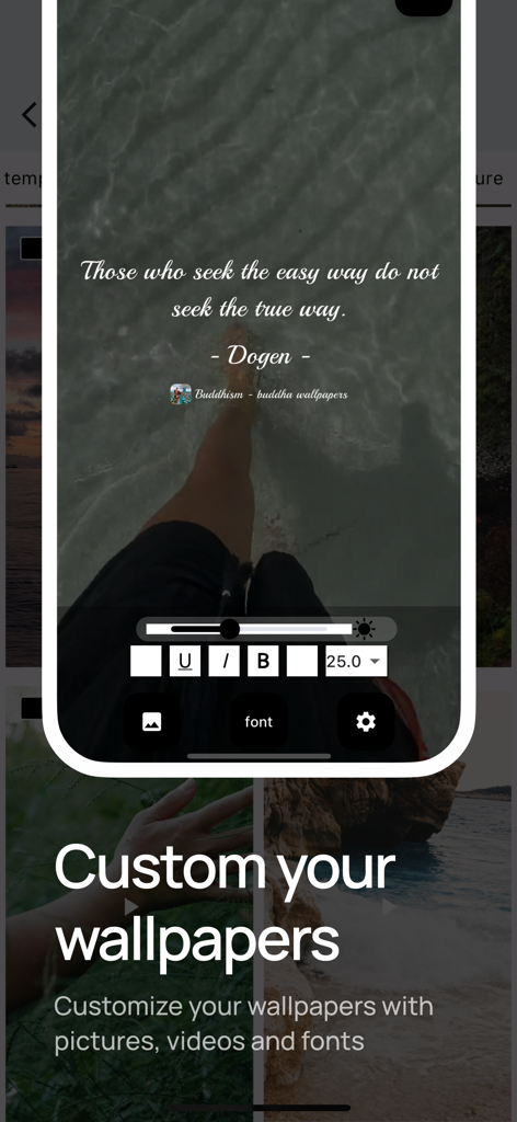 Ein mobiler Bildschirm, der die Anpassung eines buddhistischen Hintergrundbilds mit einem Zitat und Schriftartbearbeitungsoptionen zeigt