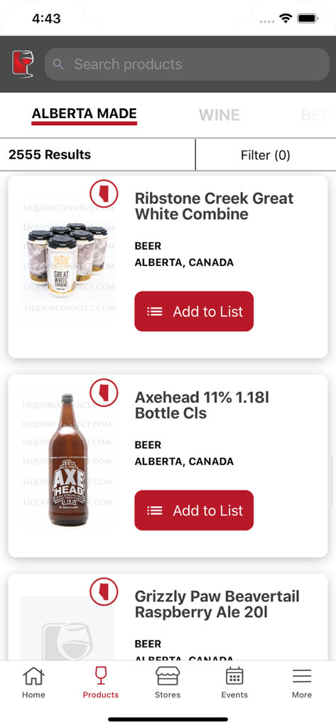 Screenshot of the Liquor Connect app displaying a list of Alberta made beer products with search and filter options
