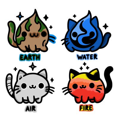4 cats that represent the different elements, earth, water, air, and fire