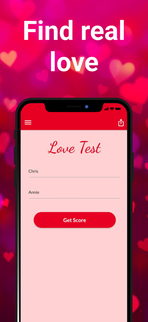 Love Tester: Real Love Test - Interface of the Love Tester app with name input fields for Chris and Annie and a get score button