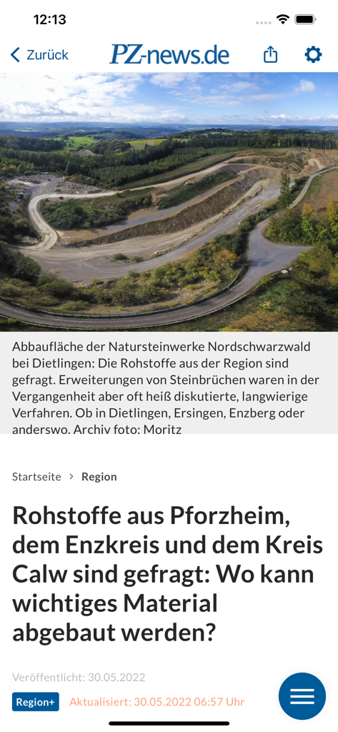 Ein Nachrichtenartikel in der PZ-App über Rohstoffe mit einem Foto eines Steinbruchs im Nördlichen Schwarzwald