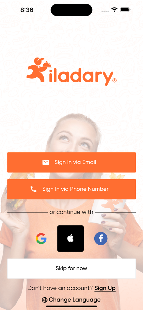 Iladary mobile App Login-Bildschirm mit Optionen zur Anmeldung per E-Mail, Telefonnummer und sozialen Medien.